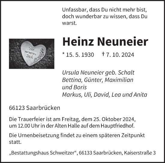 Todesanzeige von Heinz Neuneier von saarbruecker_zeitung