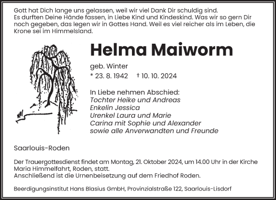 Todesanzeige von Helma Maiworm von saarbruecker_zeitung