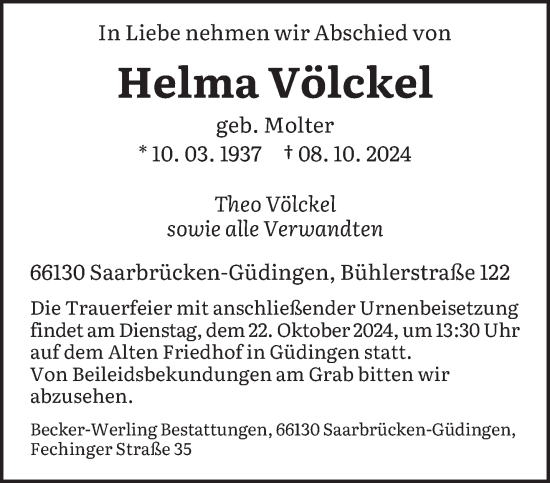 Todesanzeige von Helma Völckel von saarbruecker_zeitung