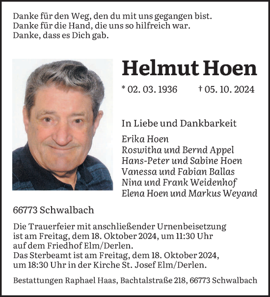 Todesanzeige von Helmut Hoen von saarbruecker_zeitung