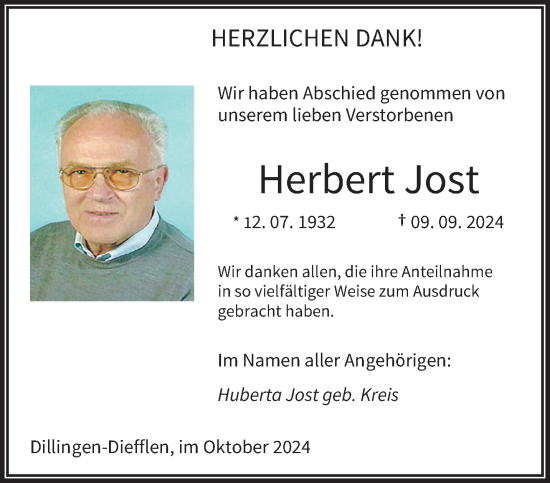 Todesanzeige von Herbert Jost von saarbruecker_zeitung