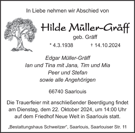 Todesanzeige von Hilde Müller-Gräff von saarbruecker_zeitung