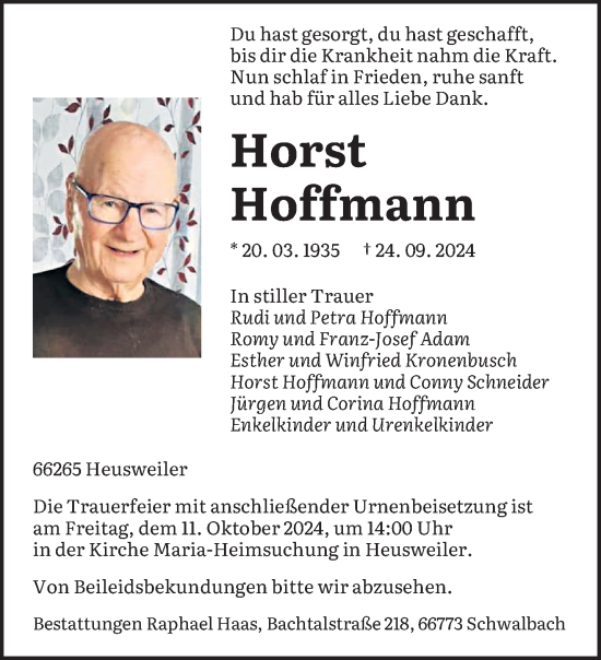 Todesanzeige von Horst Hoffmann von saarbruecker_zeitung