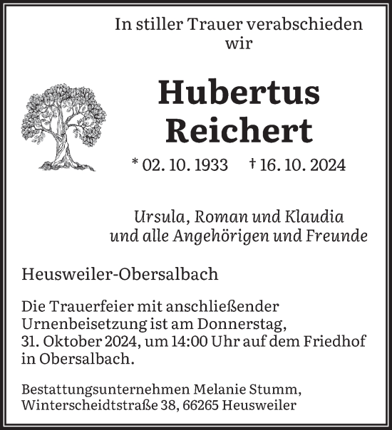 Todesanzeige von Hubertus Reichert von saarbruecker_zeitung