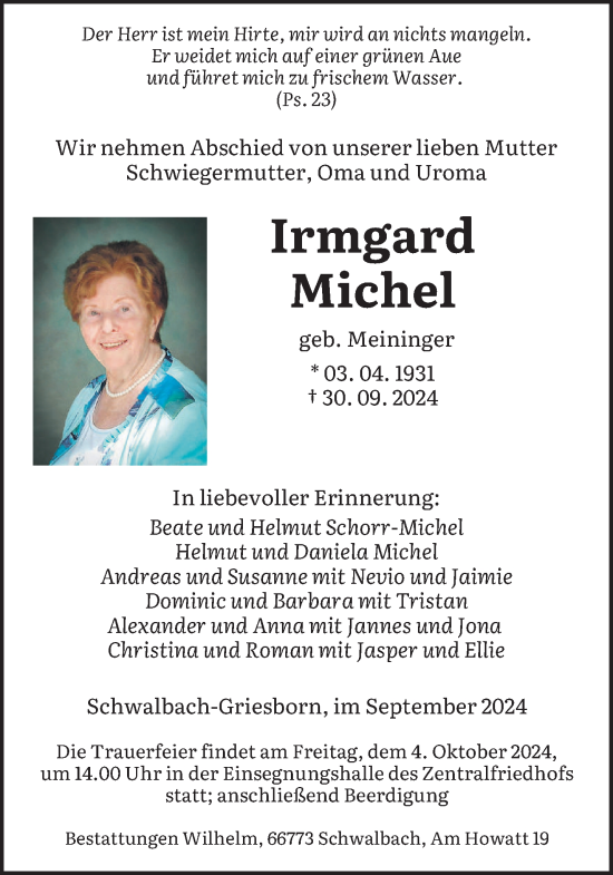 Todesanzeige von Irmgard Michel von saarbruecker_zeitung