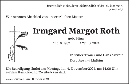 Todesanzeige von Irmgard Margot Roth von saarbruecker_zeitung