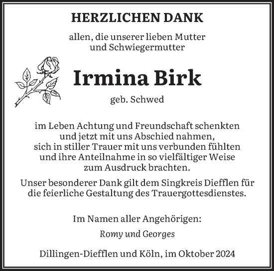 Todesanzeige von Irmina Birk von saarbruecker_zeitung