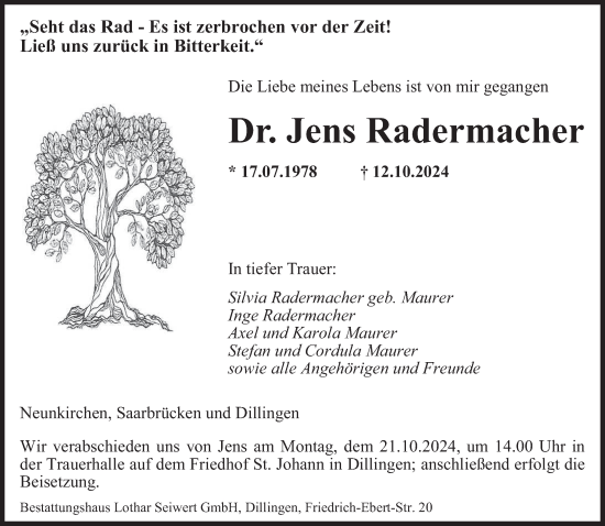 Todesanzeige von Jens Radermacher von saarbruecker_zeitung