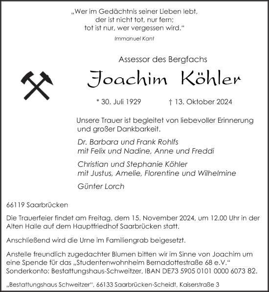 Todesanzeige von Joachim Köhler von saarbruecker_zeitung