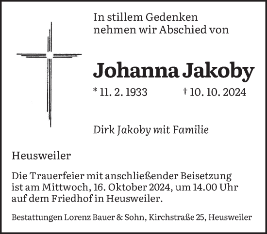 Todesanzeige von Johanna Jakoby von saarbruecker_zeitung