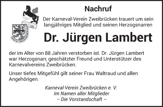 Todesanzeige von Jürgen Lambert von saarbruecker_zeitung