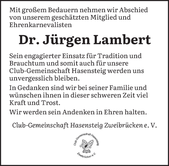 Todesanzeige von Jürgen Lambert von saarbruecker_zeitung