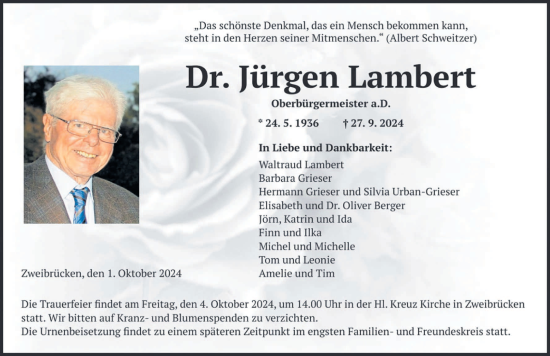 Todesanzeige von Jürgen Lambert von saarbruecker_zeitung