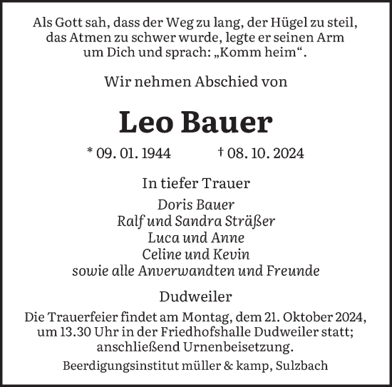 Todesanzeige von Leo Bauer von saarbruecker_zeitung