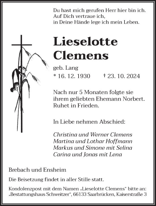 Todesanzeige von Lieselotte Clemens von saarbruecker_zeitung