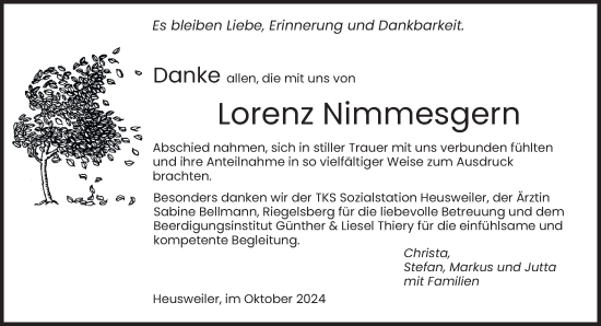 Todesanzeige von Lorenz Nimmesgern von saarbruecker_zeitung