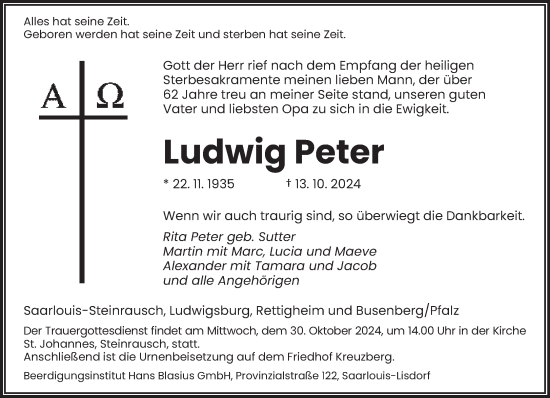 Todesanzeige von Ludwig Peter von saarbruecker_zeitung