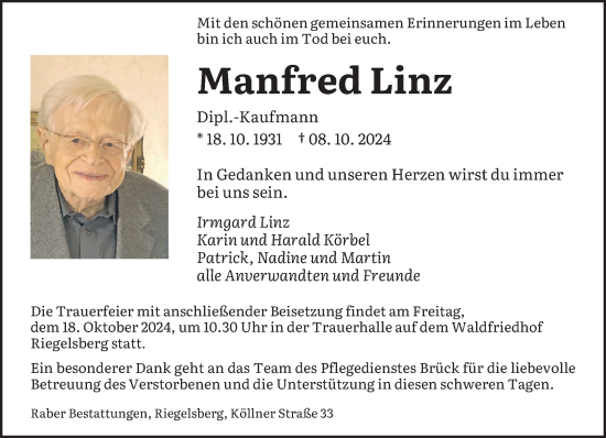 Todesanzeige von Manfred Linz von saarbruecker_zeitung