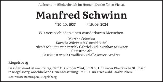 Todesanzeige von Manfred Schwinn von saarbruecker_zeitung