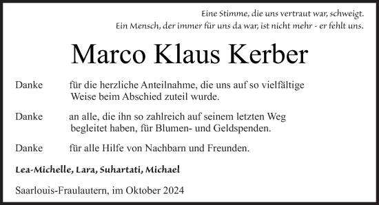 Todesanzeige von Marco Klaus Kerber von saarbruecker_zeitung