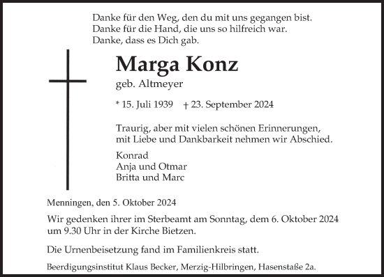 Todesanzeige von Marga Konz von saarbruecker_zeitung