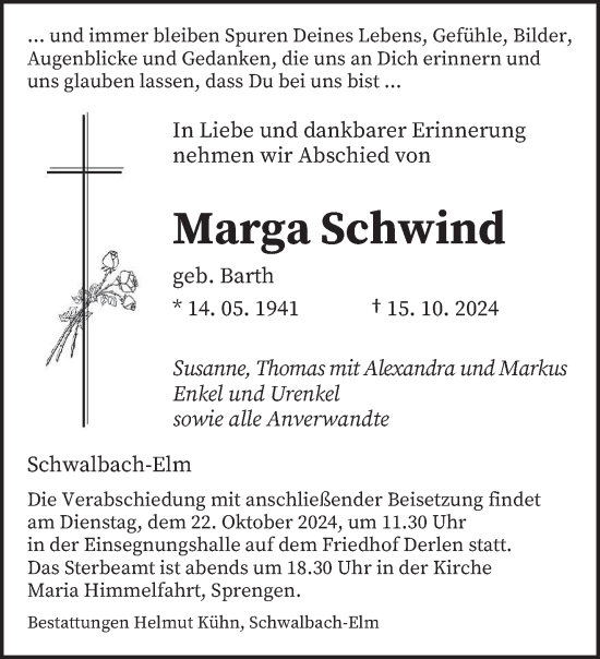 Todesanzeige von Marga Schwind von saarbruecker_zeitung