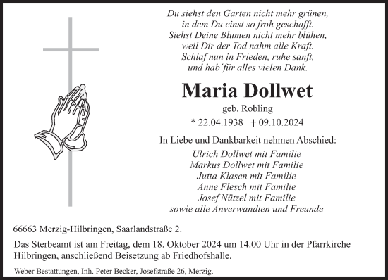 Todesanzeige von Maria Dollwet von saarbruecker_zeitung