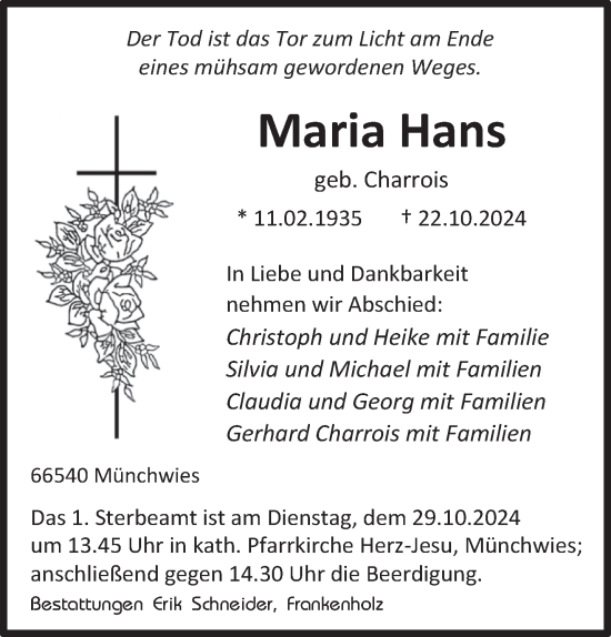 Todesanzeige von Maria Hans von saarbruecker_zeitung