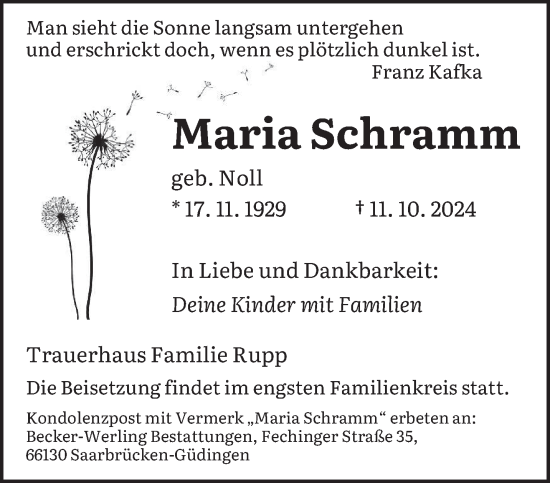 Todesanzeige von Maria Schramm von saarbruecker_zeitung