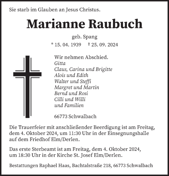 Todesanzeige von Marianne Raubuch von saarbruecker_zeitung