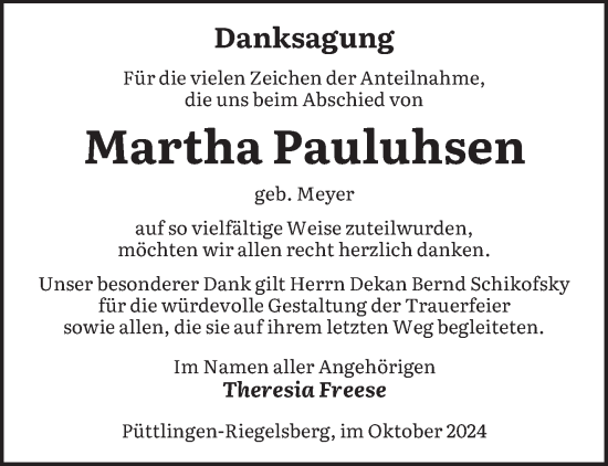 Todesanzeige von Martha Pauluhsen von saarbruecker_zeitung