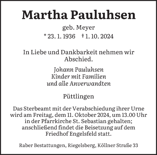 Todesanzeige von Martha Pauluhsen von saarbruecker_zeitung