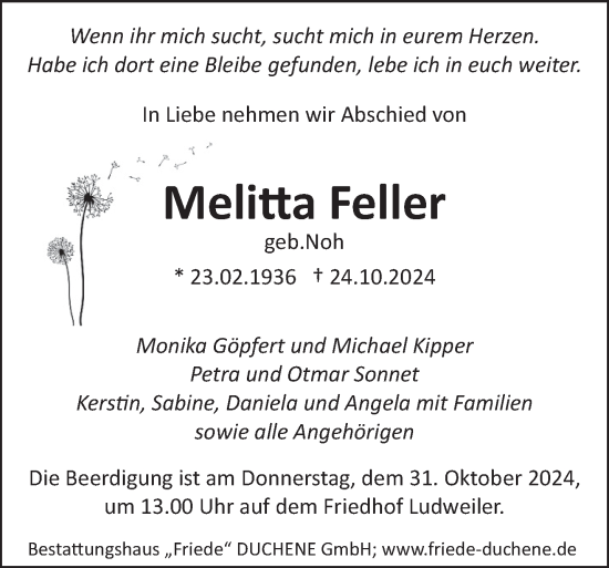 Todesanzeige von Melitta Feller von saarbruecker_zeitung