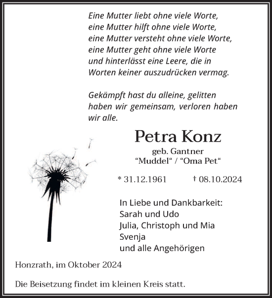 Todesanzeige von Petra Konz von saarbruecker_zeitung