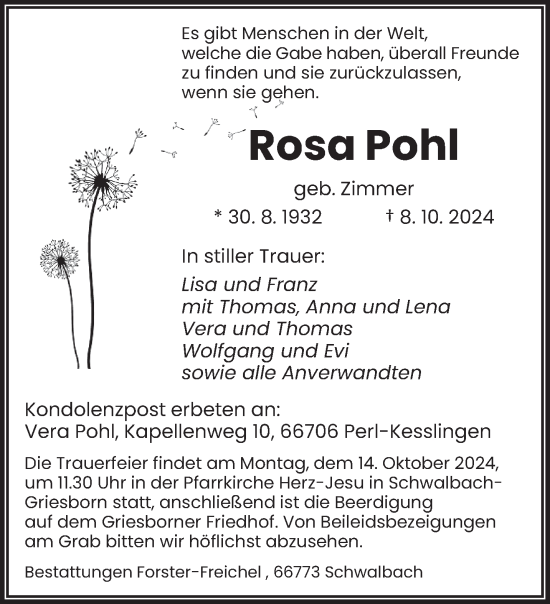 Todesanzeige von Rosa Pohl von saarbruecker_zeitung