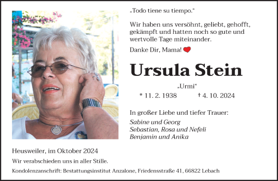 Todesanzeige von Ursula Stein von saarbruecker_zeitung