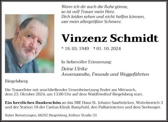 Todesanzeige von Vinzenz Schmidt von saarbruecker_zeitung