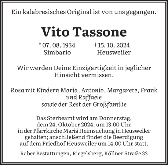 Todesanzeige von Vito Tassone von saarbruecker_zeitung