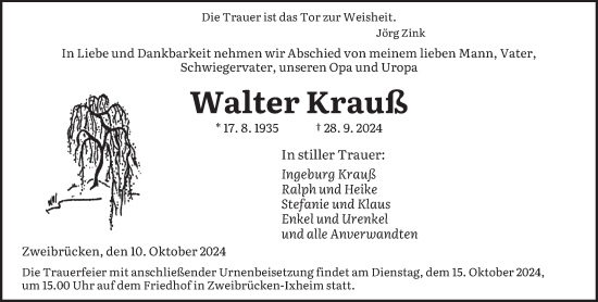 Todesanzeige von Walter Krauß von saarbruecker_zeitung