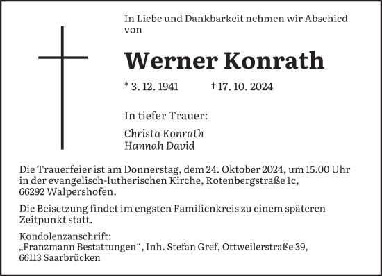 Todesanzeige von Werner Konrath von saarbruecker_zeitung