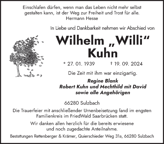 Todesanzeige von Wilhelm Kuhn von saarbruecker_zeitung