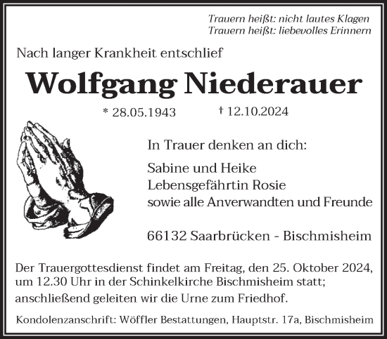 Todesanzeige von Wolfgang Niederauer von saarbruecker_zeitung