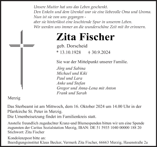 Todesanzeige von Zita Fischer von saarbruecker_zeitung