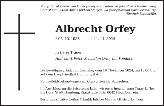 Todesanzeige von Albrecht Orfey von saarbruecker_zeitung