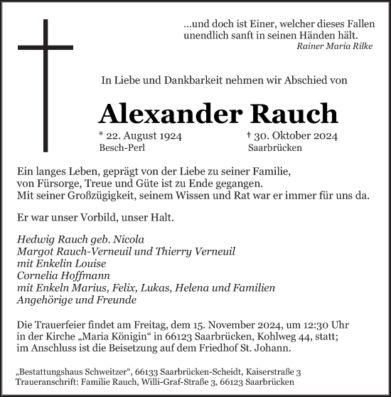 Todesanzeige von Alexander Rauch von saarbruecker_zeitung