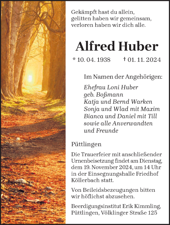 Todesanzeige von Alfred Huber von saarbruecker_zeitung