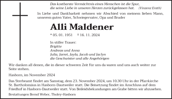 Todesanzeige von Alli Maldener von saarbruecker_zeitung