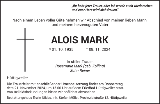 Todesanzeige von Alois Mark von saarbruecker_zeitung