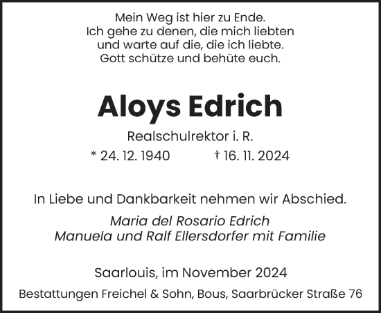 Todesanzeige von Aloys Edrich von saarbruecker_zeitung