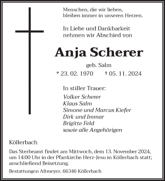 Todesanzeige von Anja Scherer von saarbruecker_zeitung